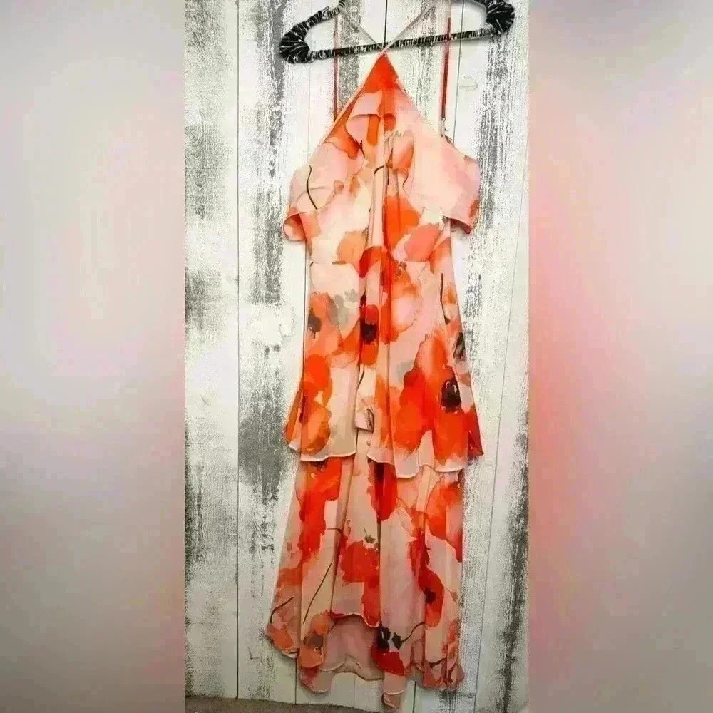 CECE Poppy Fields Flowy High Neck Spagetti Strap Dress Color Peach Rose Size 12